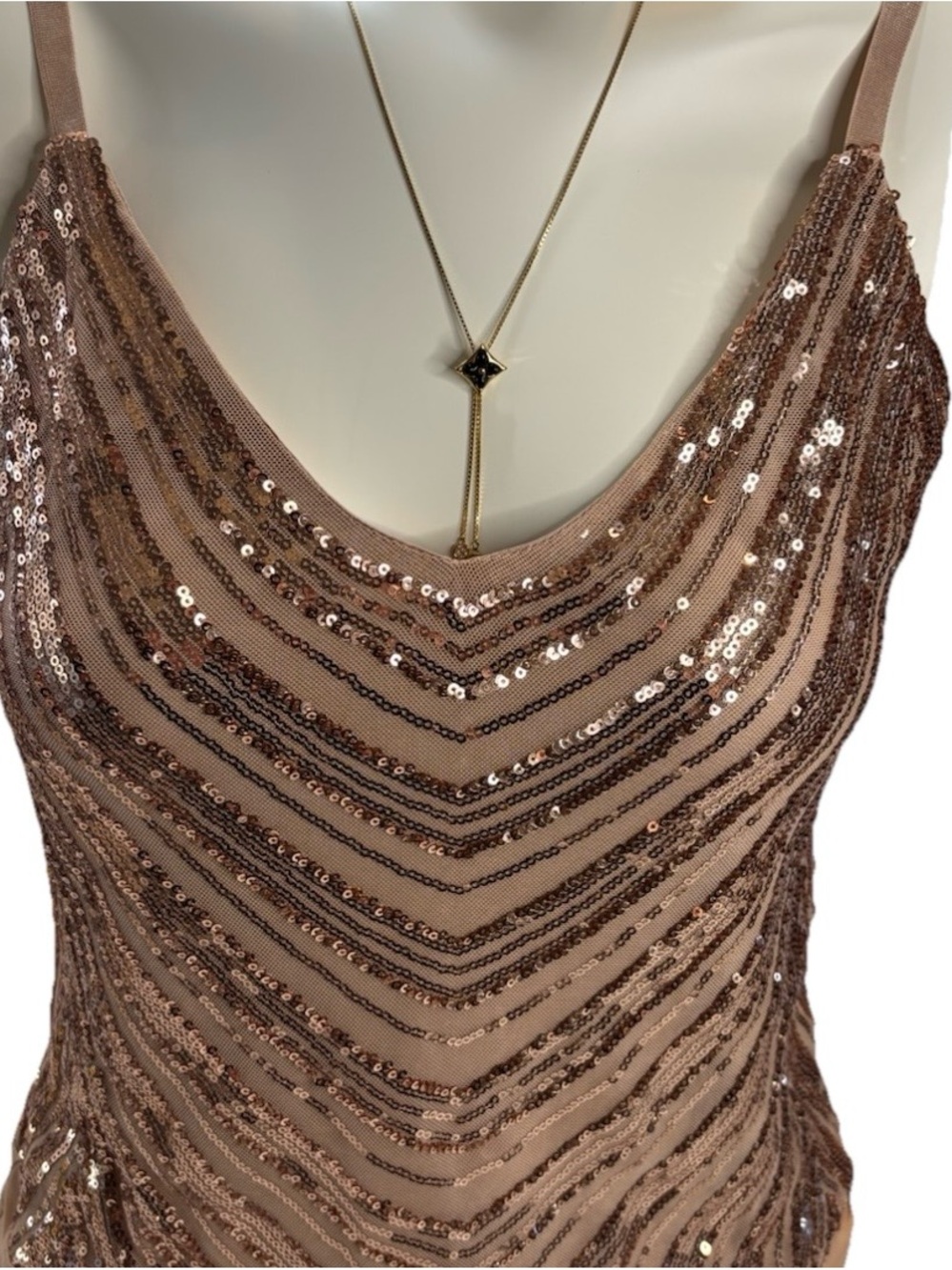 GUESS Beige & Gold Sequin Striped One-Piece Bodysuit Adjustable Straps Size L - Picture 4 of 6